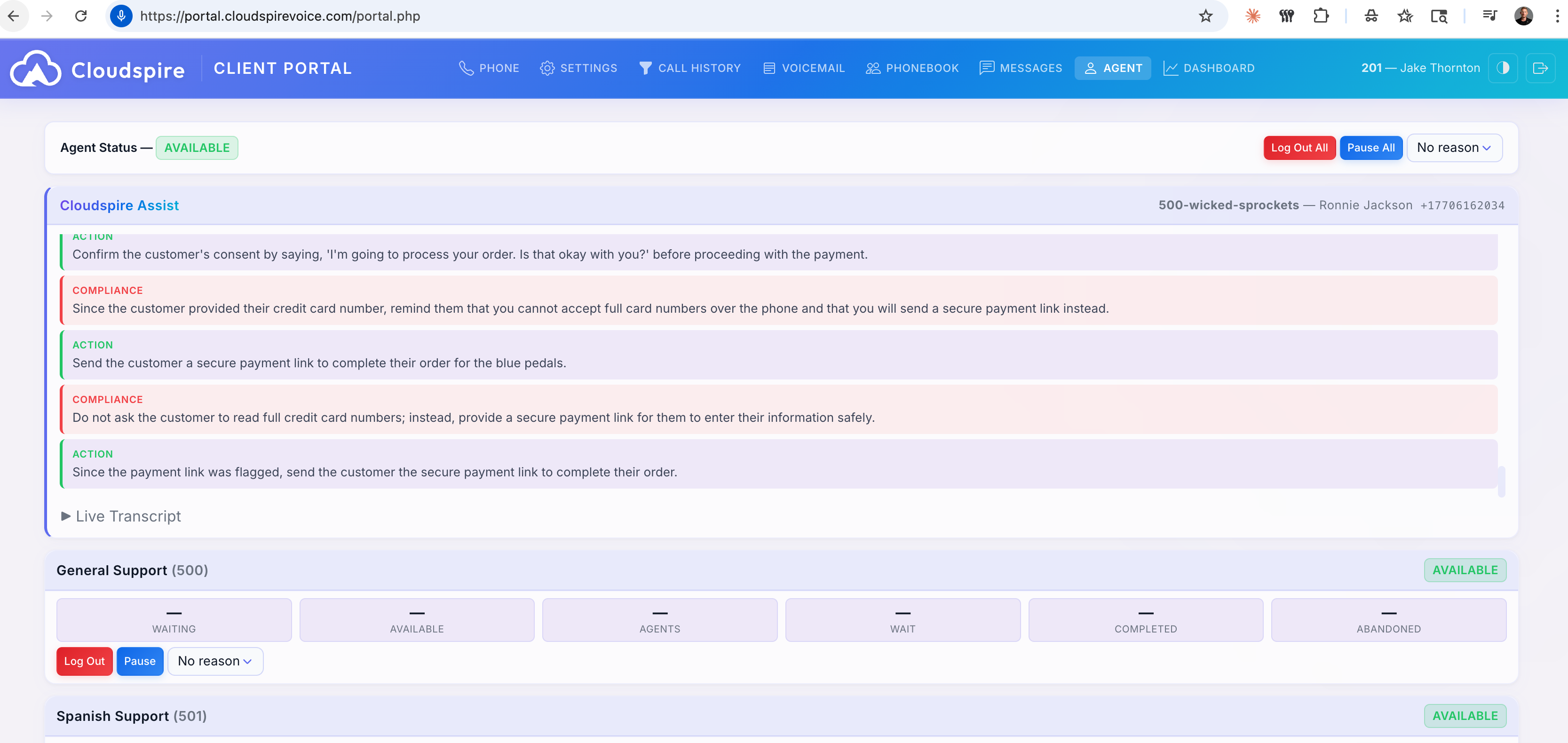 Cloudspire Assist panel during an active queue call