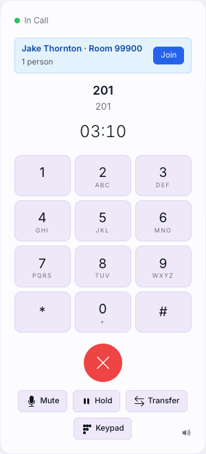 Softphone — tenant tray row showing another user's discoverable room