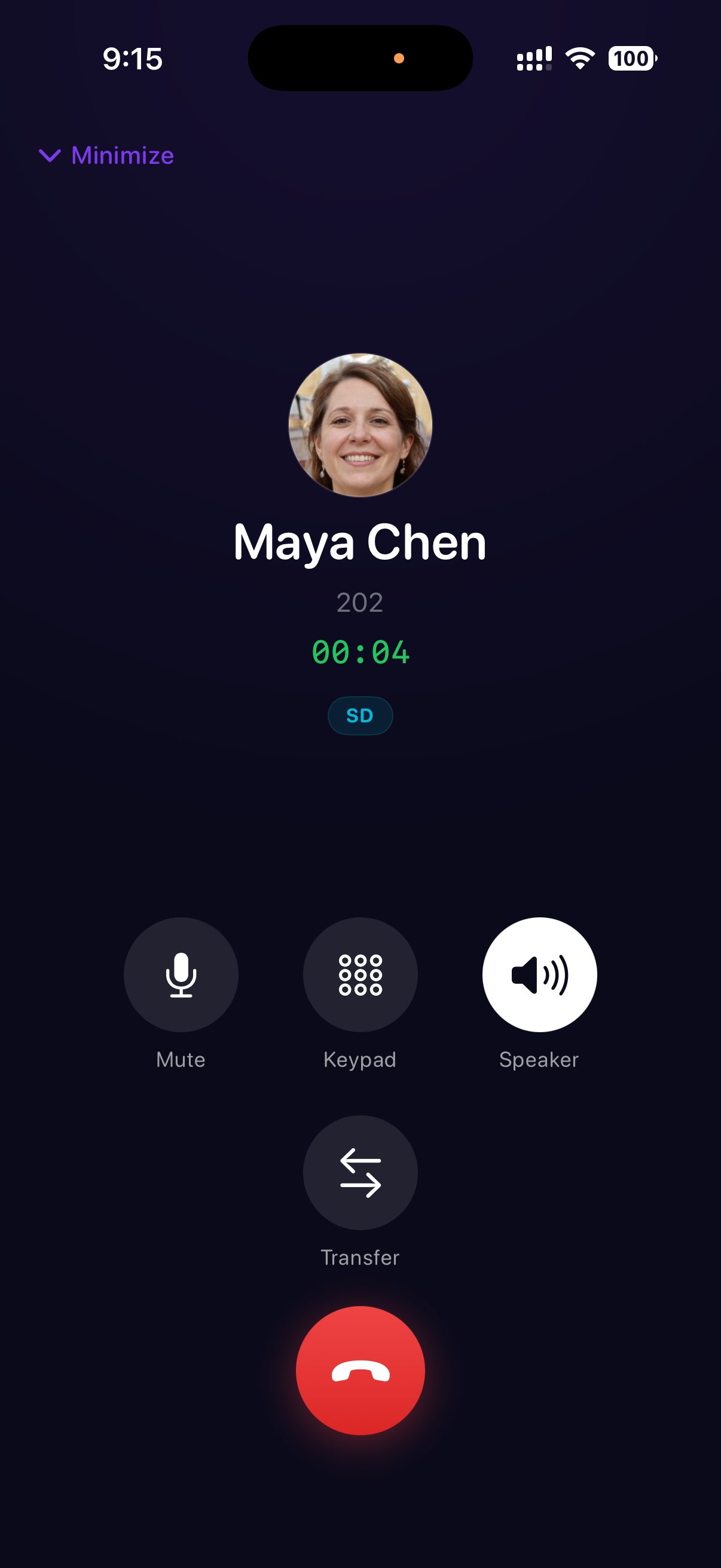 Active-call screen with Mute, Keypad, Speaker, Transfer, and Hang up controls