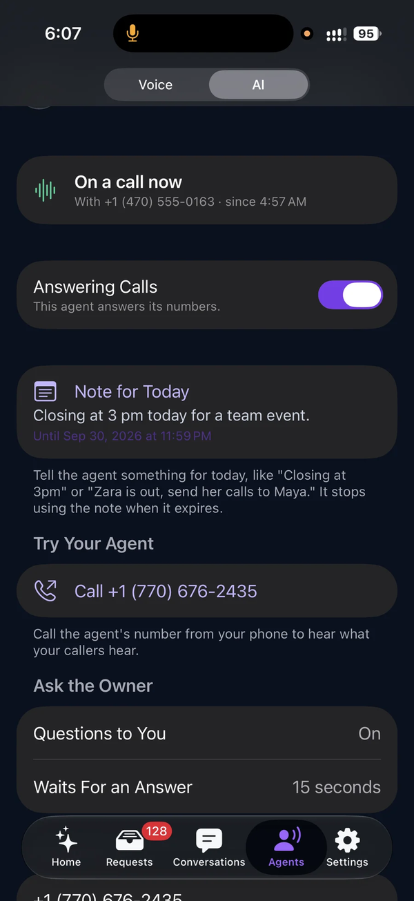 One agent's page: on a call now, answering calls, a note for today, try your agent, and Ask the Owner turned on