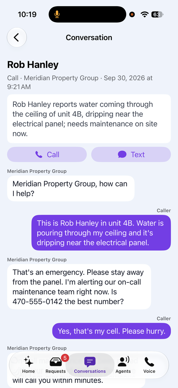 One conversation: the summary on top, Call and Text, then what the caller and the agent said