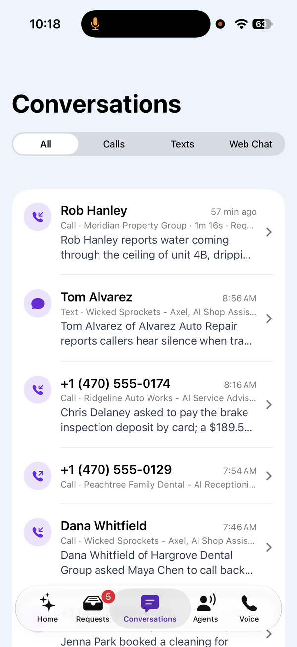 The Conversations list: calls and a text, newest first, each with the caller, the agent and a short summary