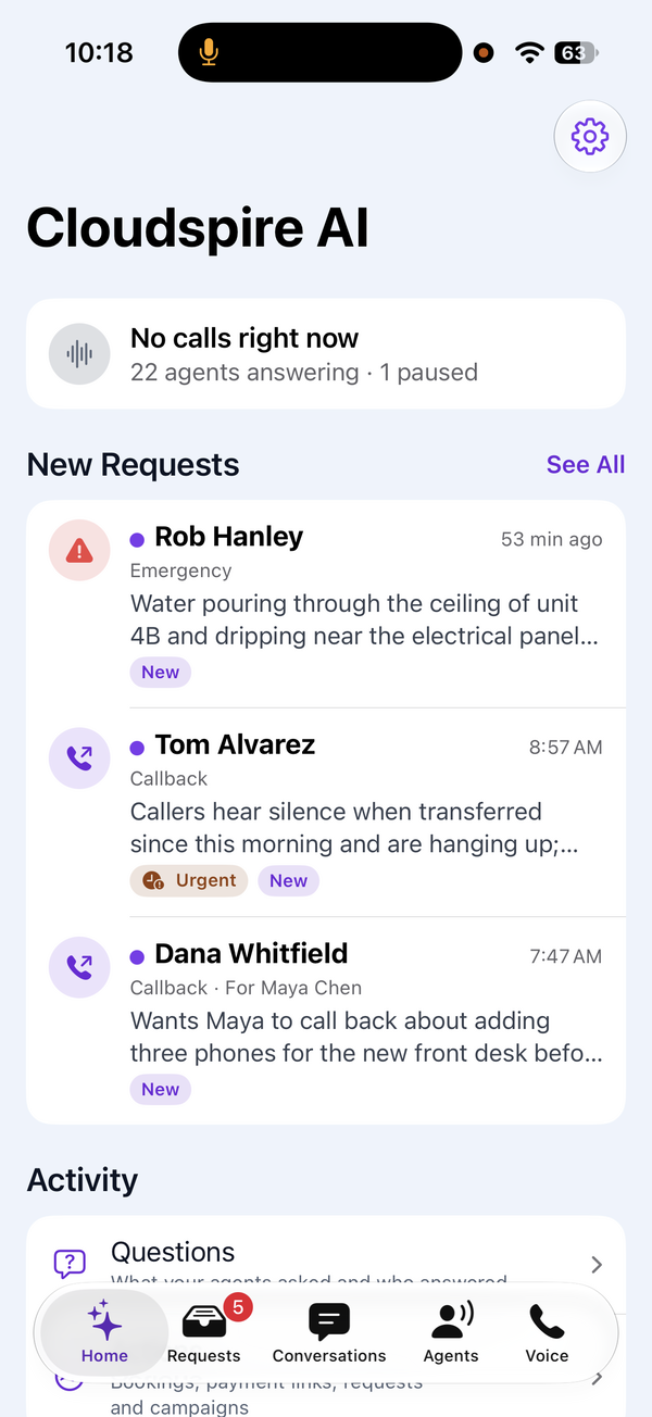 Home on the AI side: no calls right now with agents answering and one paused, three new requests, and Questions and Actions under Activity