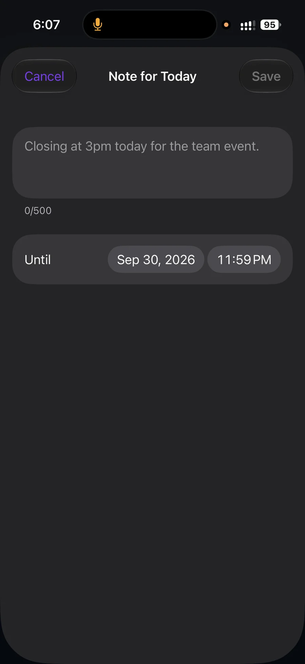 The note for today being written, with the date and time it stops applying