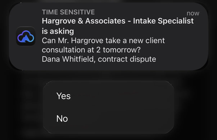 An agent's question as a notification, pressed open to show its Yes and No answers