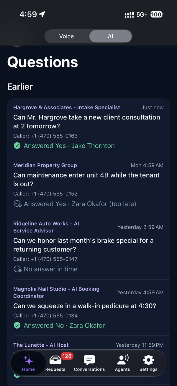 The Questions list: what each agent asked, the caller, and who answered