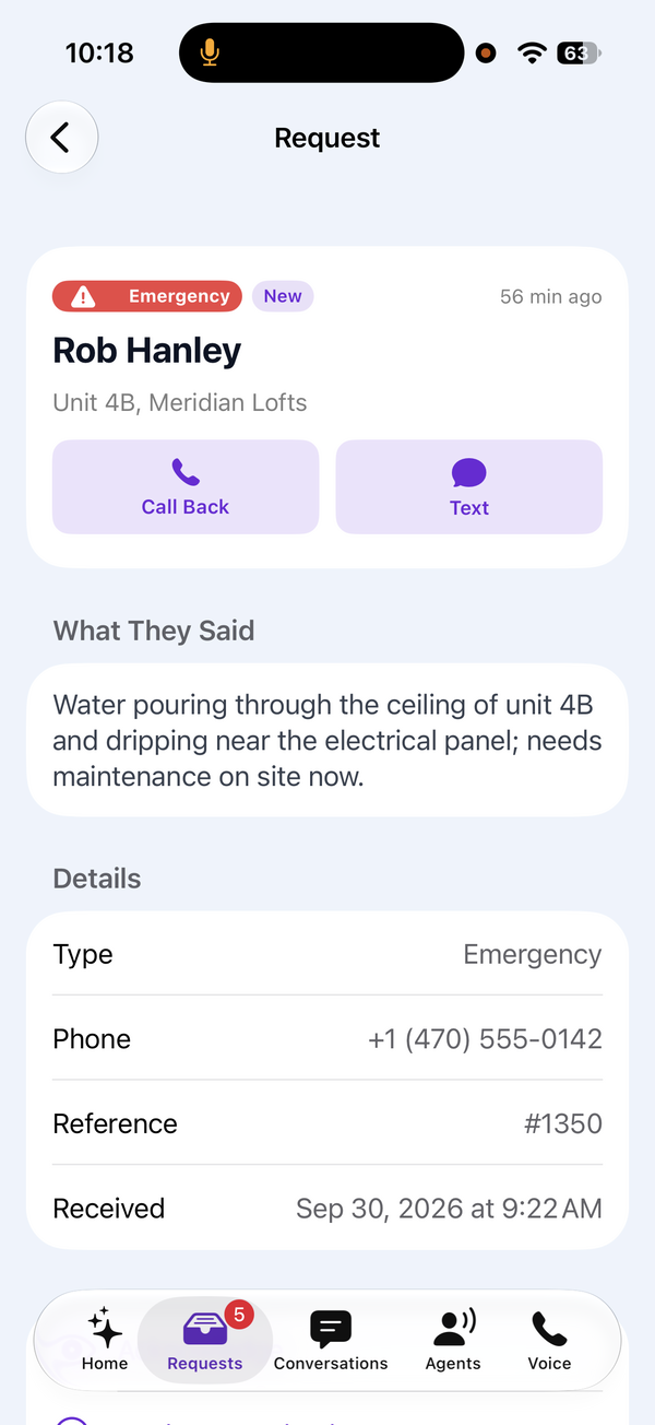 One emergency request opened: the caller, Call Back and Text, what they said, and its type, phone, reference and time