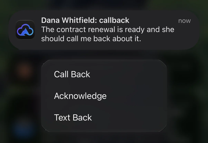 A callback request notification pressed open to show Call Back, Acknowledge and Text Back