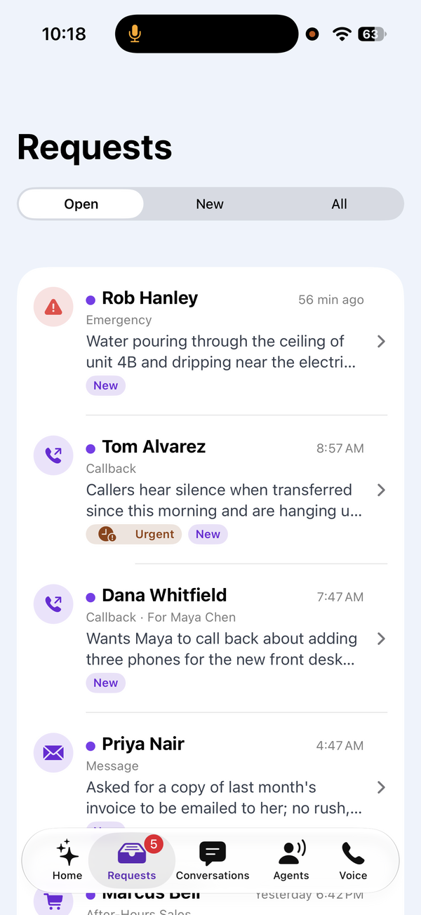 The Requests inbox: an emergency, an urgent callback, a callback for Maya Chen and a message, each marked New