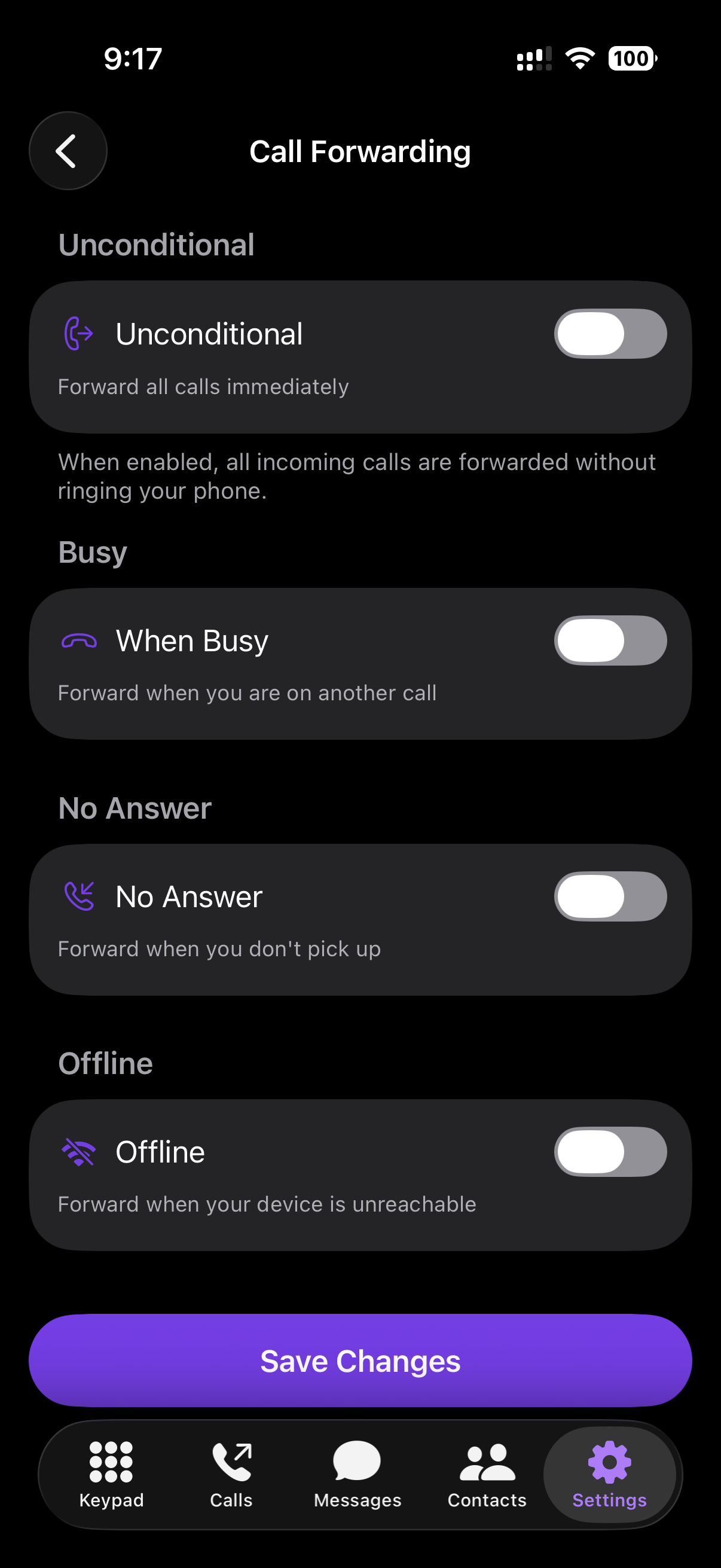 Call Forwarding screen with Unconditional, Busy, No Answer, and Offline rules