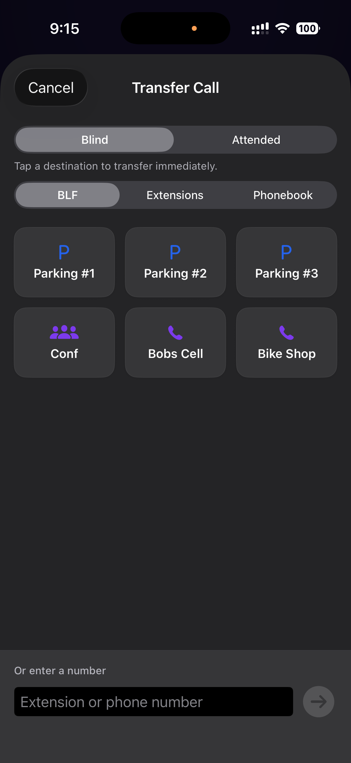 Transfer Call screen with Blind vs Attended switch and BLF / Extensions / Phonebook source picker