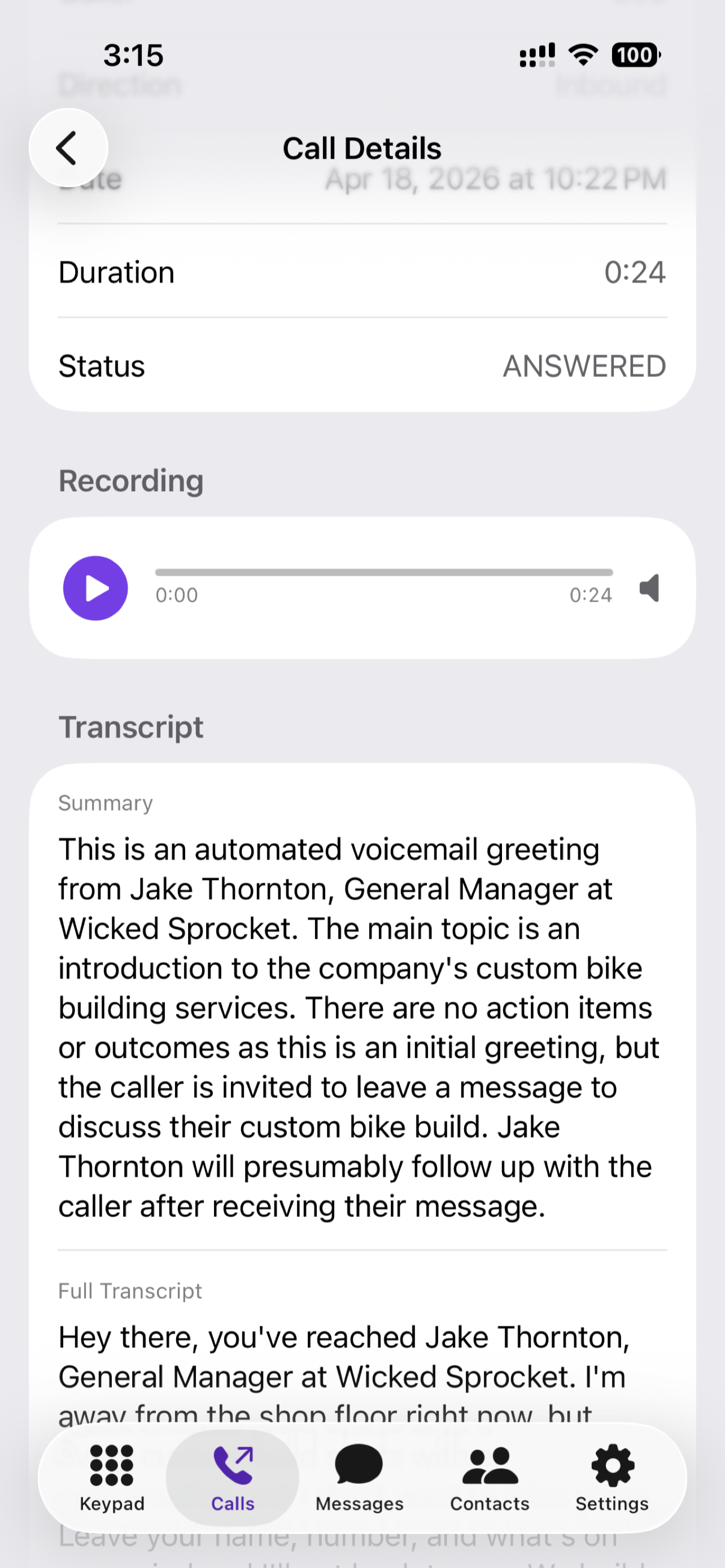 Call Details with recording player, AI summary, and full transcript