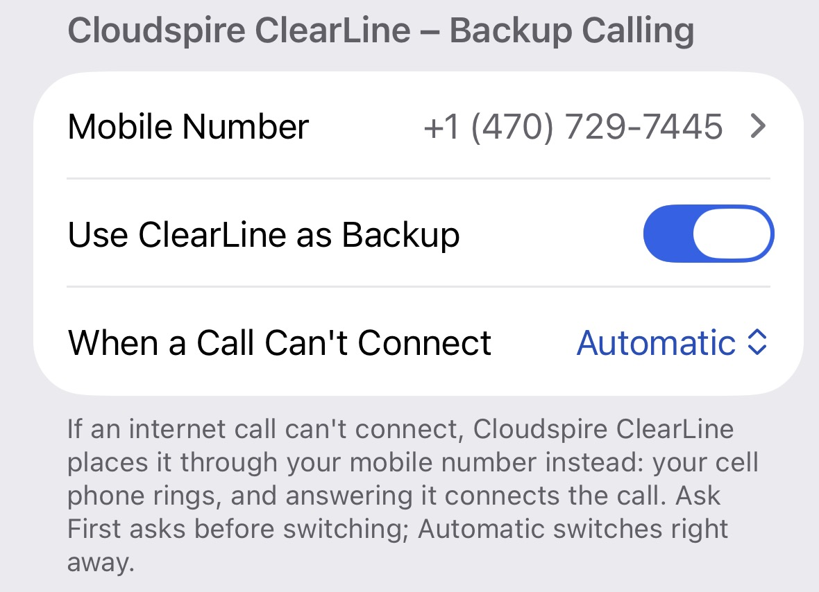 Cloudspire ClearLine: Backup Calling section in Preferences with Mobile Number, Use ClearLine as Backup, and When a Call Can't Connect set to Automatic
