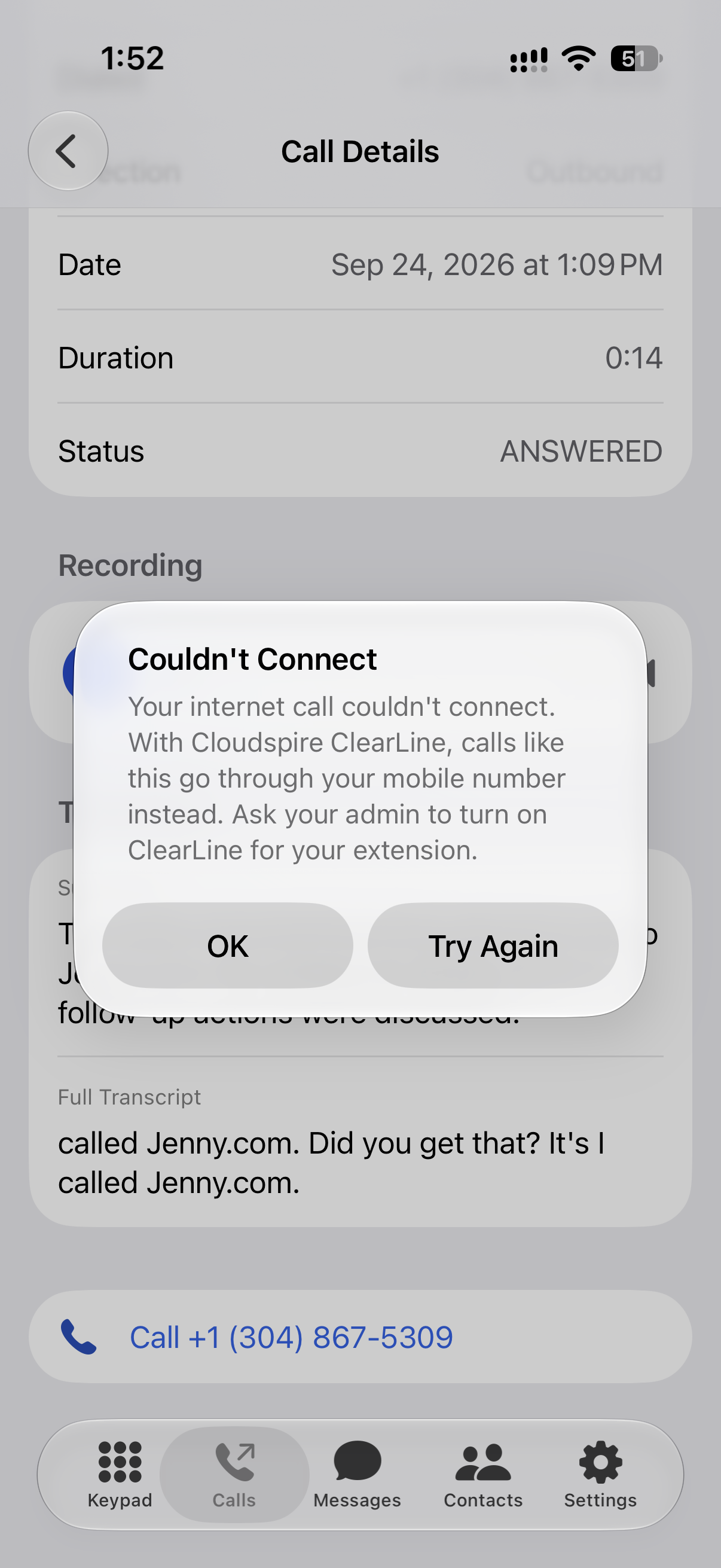 Couldn't Connect notice explaining that with Cloudspire ClearLine the call would go through your mobile number, with OK and Try Again buttons