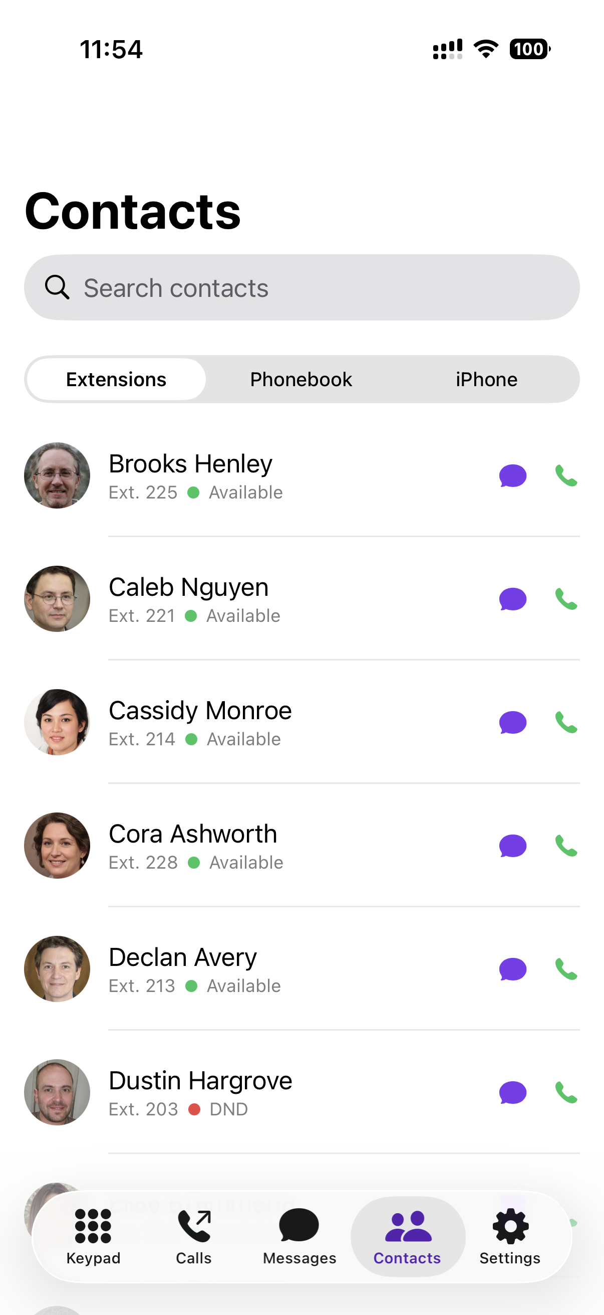 Extension list rows showing the green call icon and the purple message icon