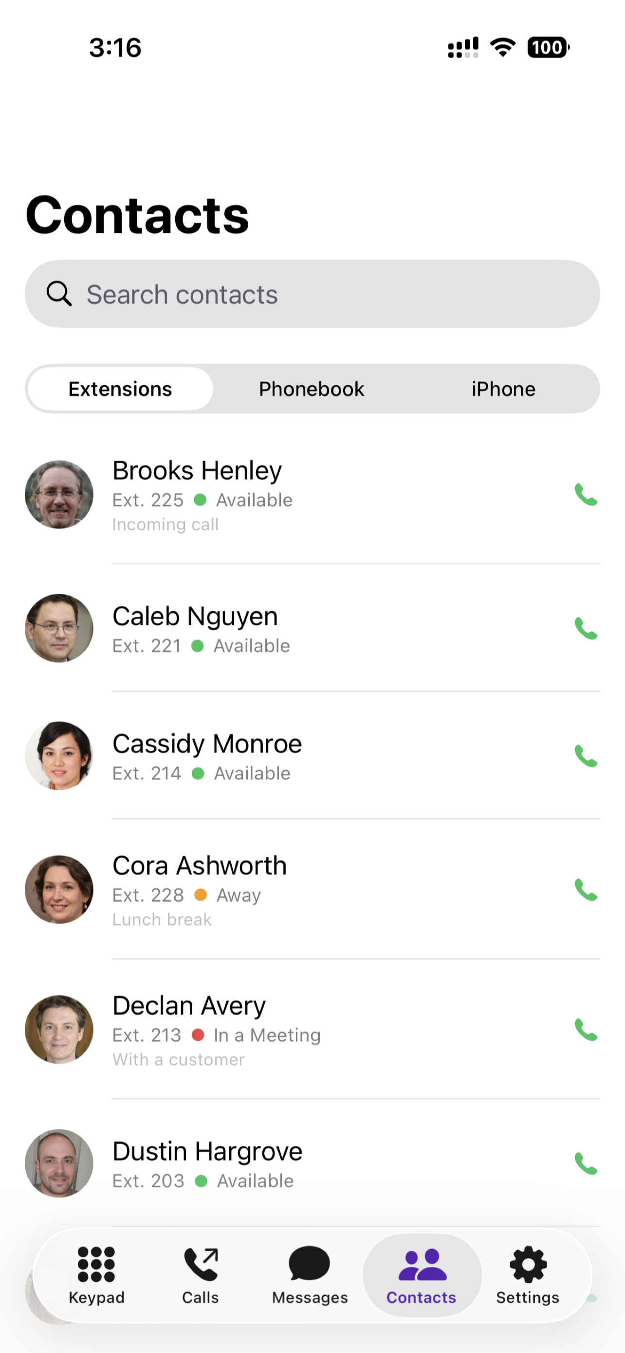 Contacts tab with the Extensions directory and live availability
