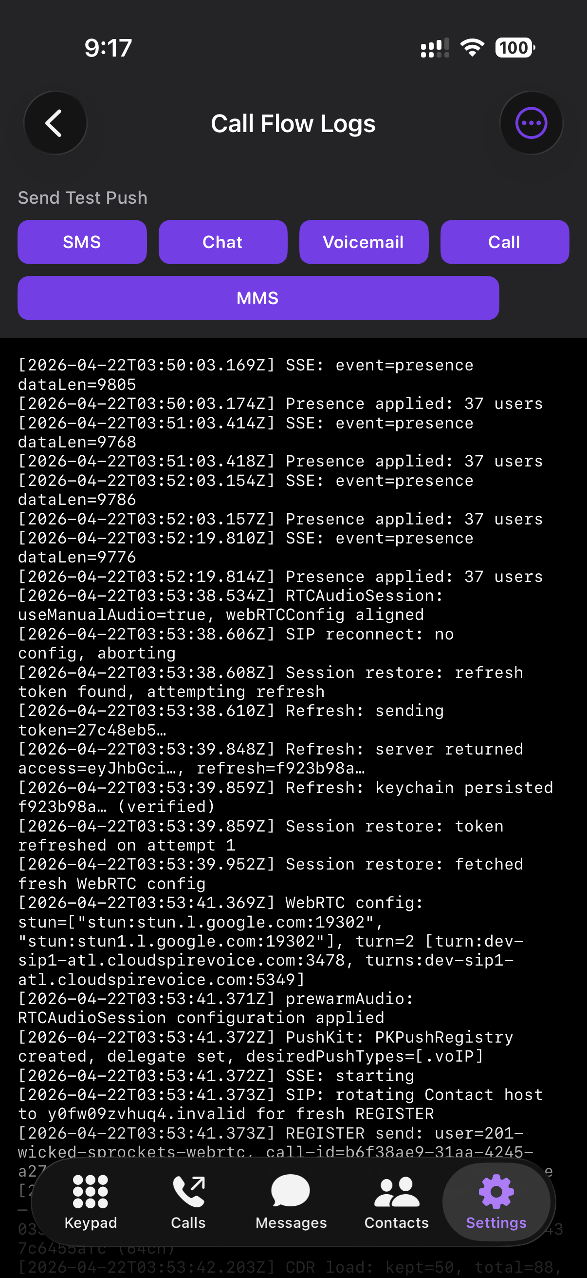 Call Flow Logs viewer with Send Test Push buttons and scrollable log content