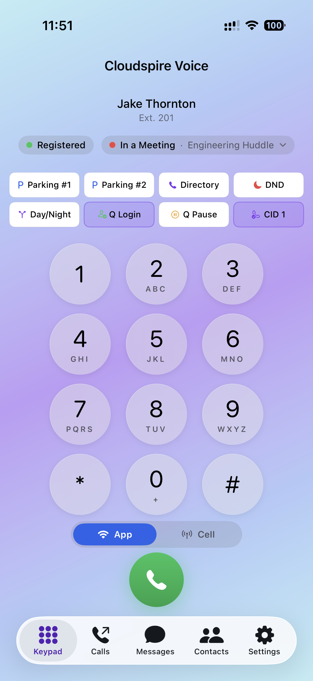 Keypad showing the App / Cell dial-mode toggle above the keys