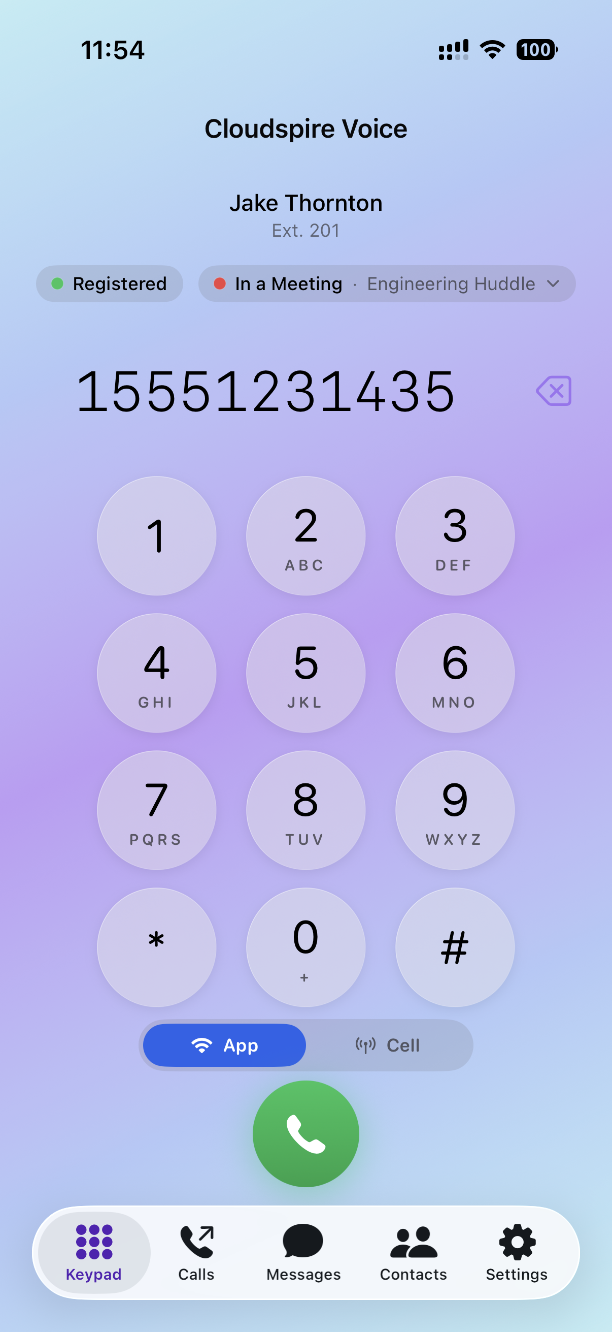 Keypad with the green call button populated with the last-dialed number, before the second tap places the call