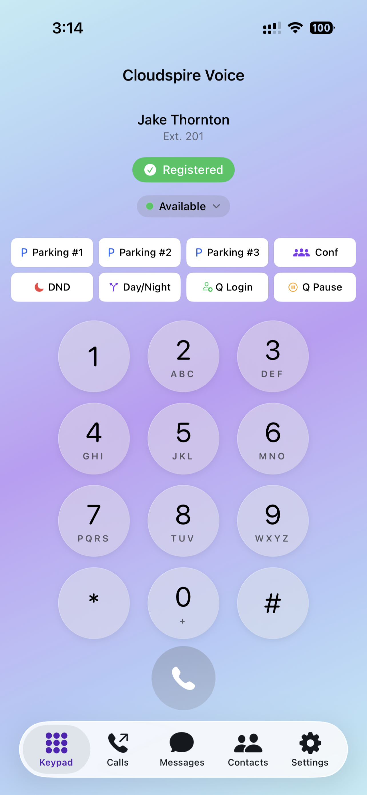 Keypad tab — dialpad, status pill, and BLF quick-key grid with the five bottom tabs