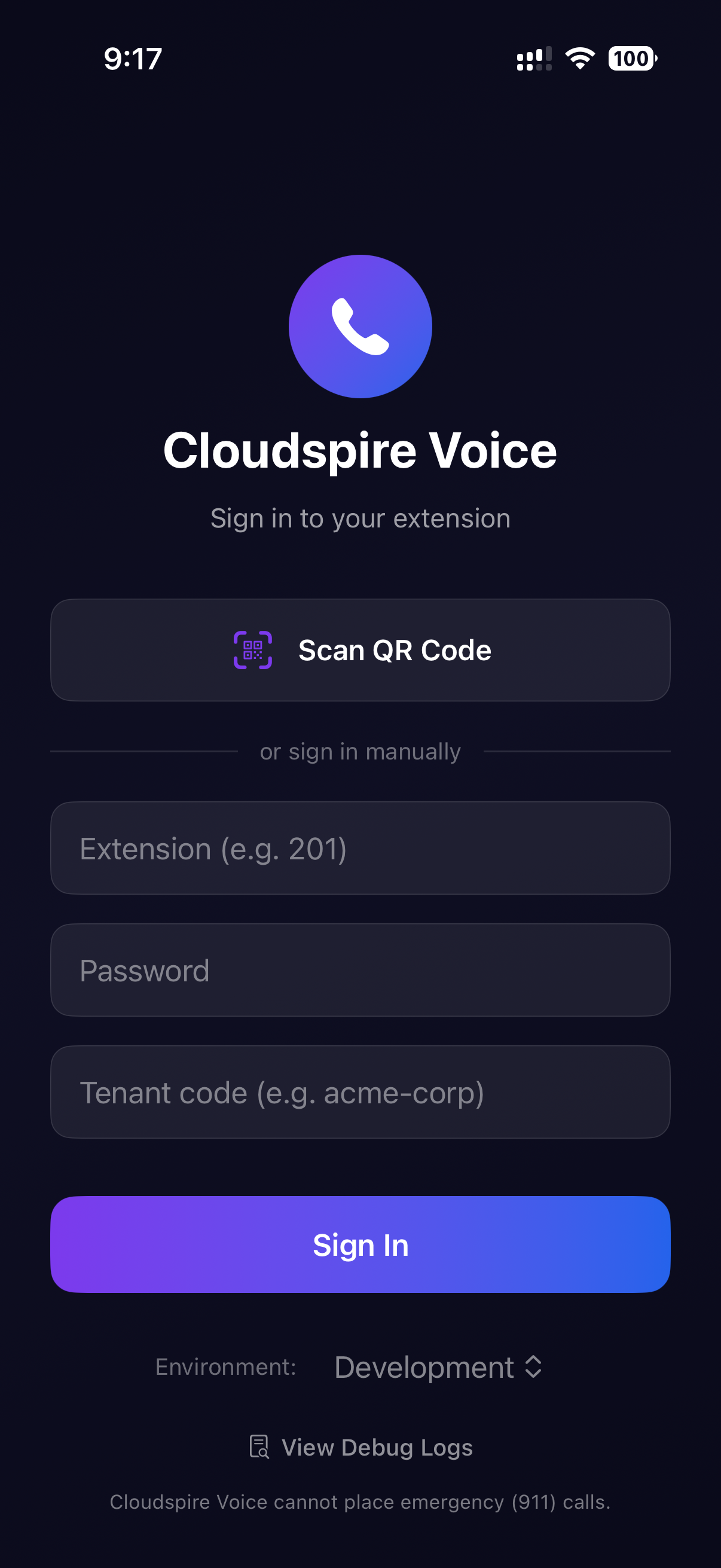 Sign-in screen with Scan QR Code, extension, password, and tenant code fields