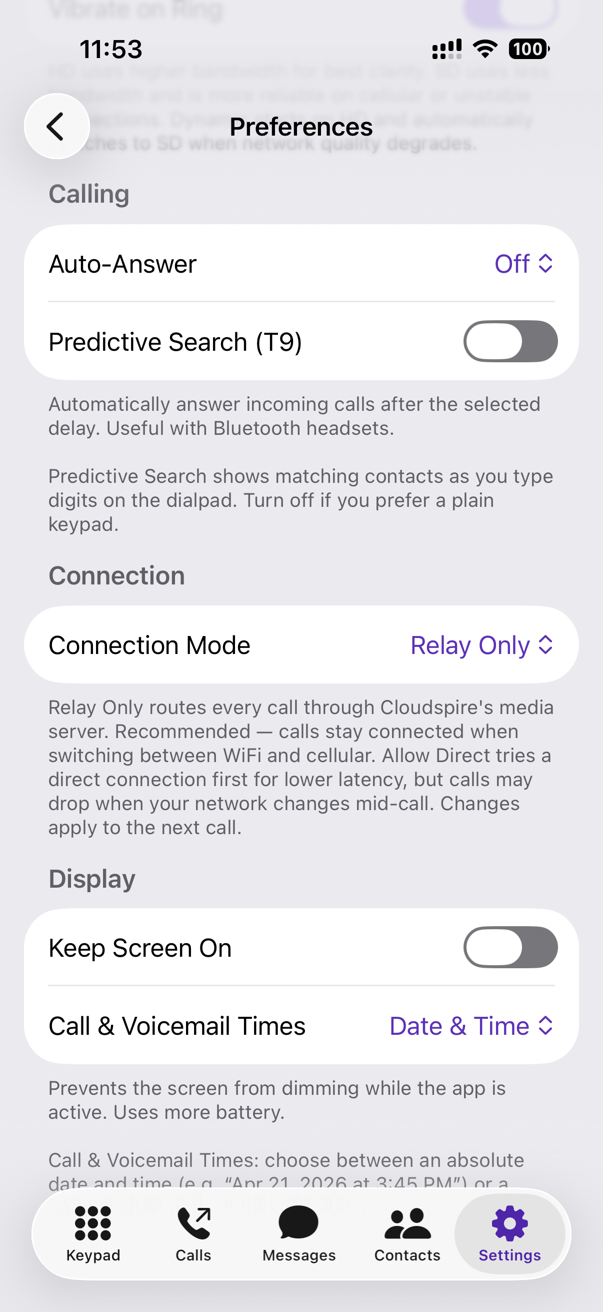Preferences screen bottom half — Connection Mode, Predictive Search T9, and call/voicemail time display