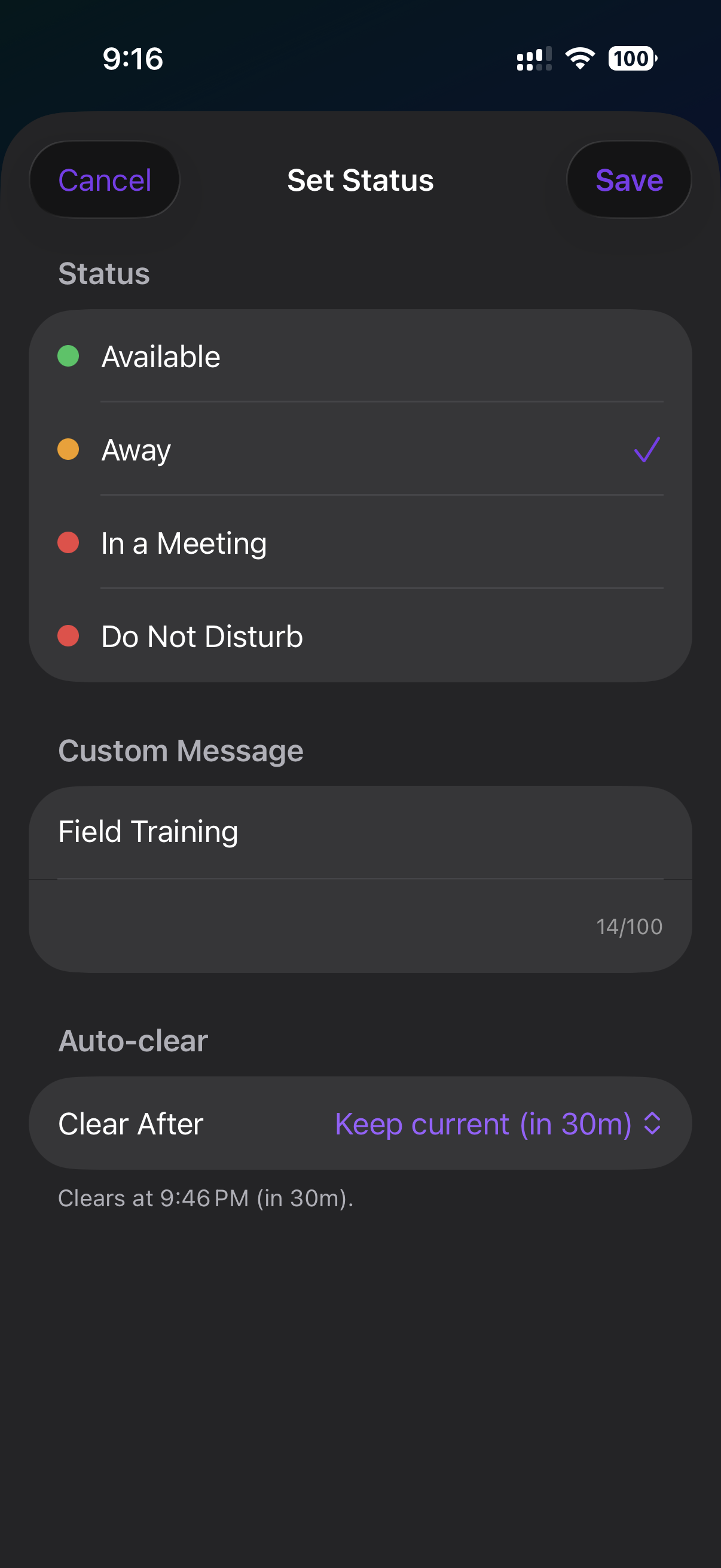 Set Status picker with Available, Away, In a Meeting, and Do Not Disturb options, a custom message field, and an auto-clear dropdown
