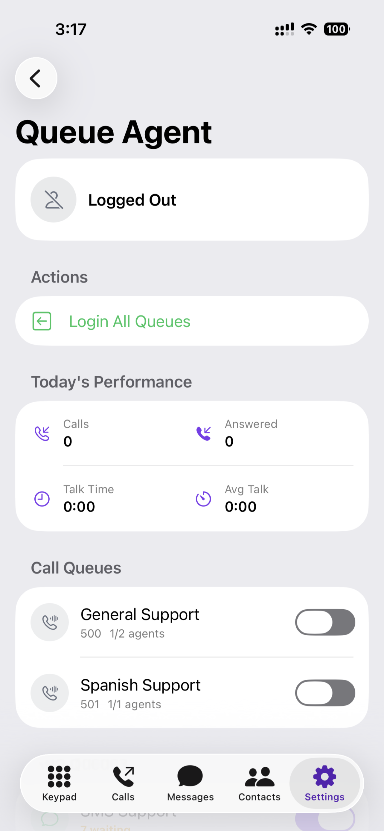 Queue Agent screen with login/logout and today's performance