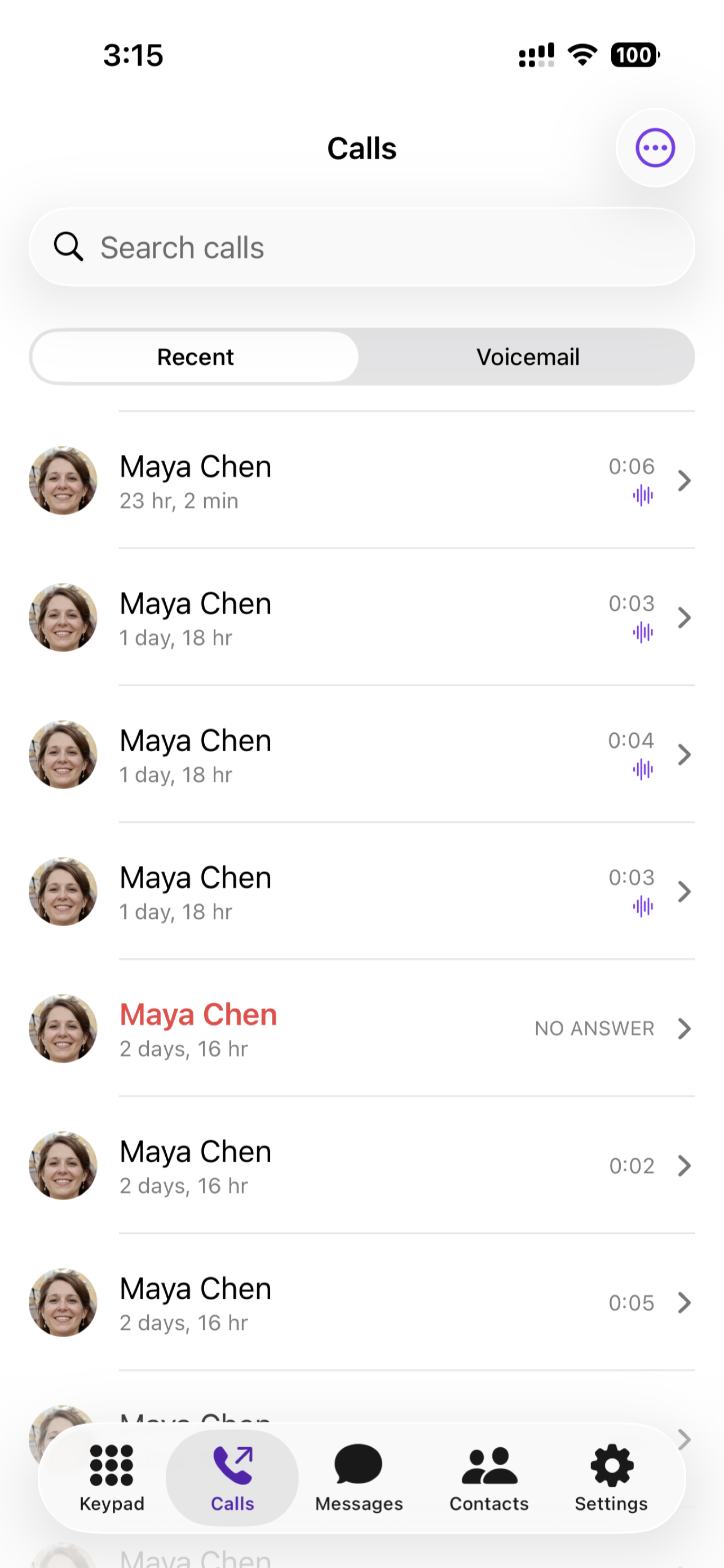 Calls tab, Recent view