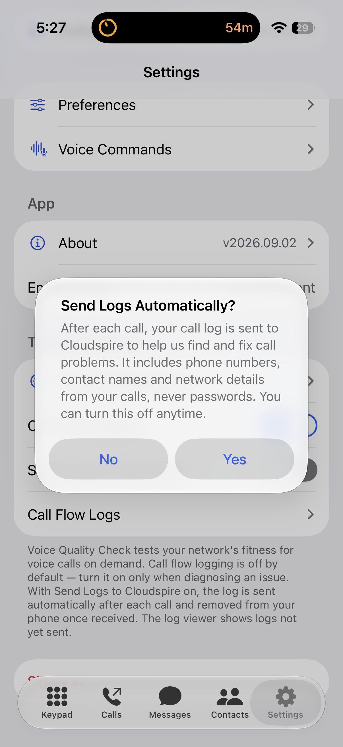 Send Logs Automatically? prompt explaining what the log includes, with No and Yes buttons