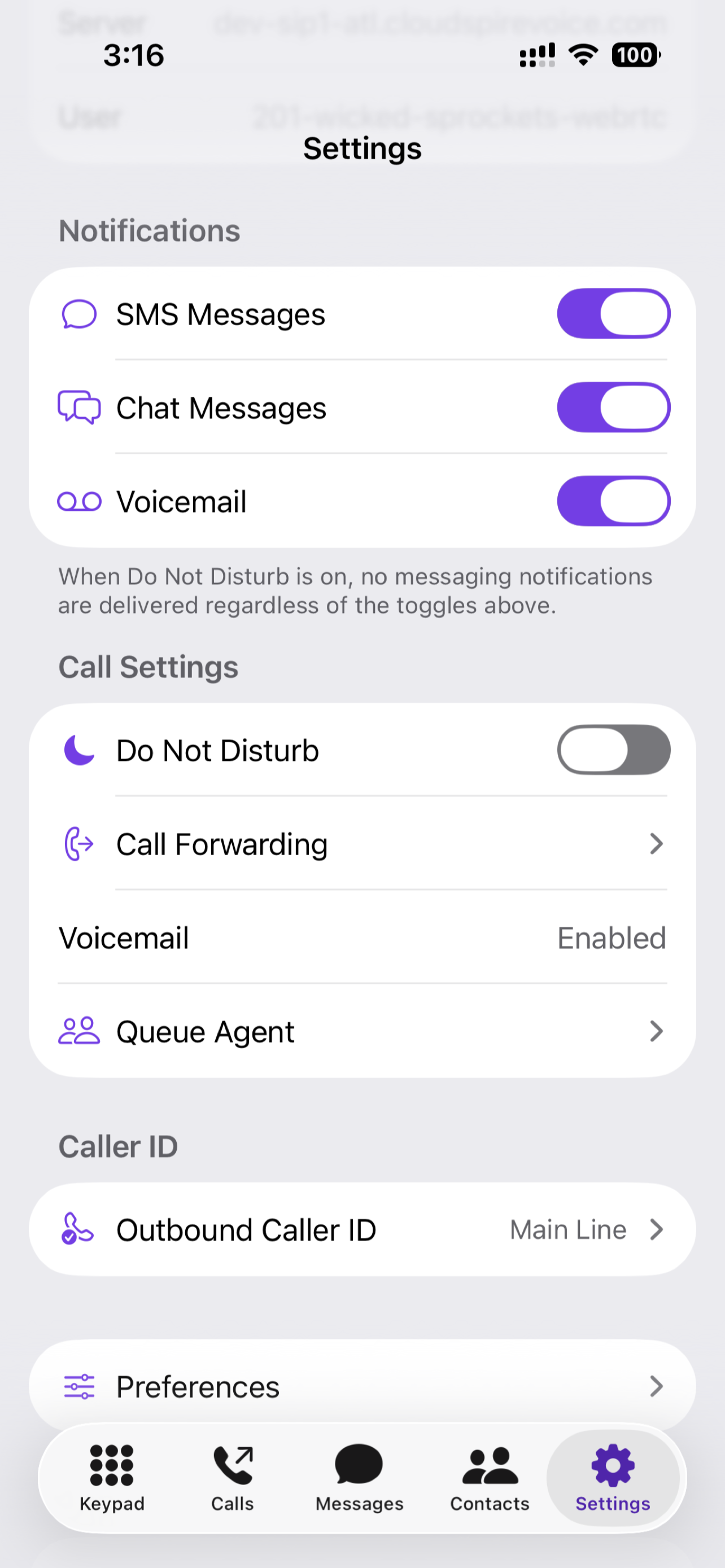 Settings tab showing Notifications, Call Settings, and Caller ID sections