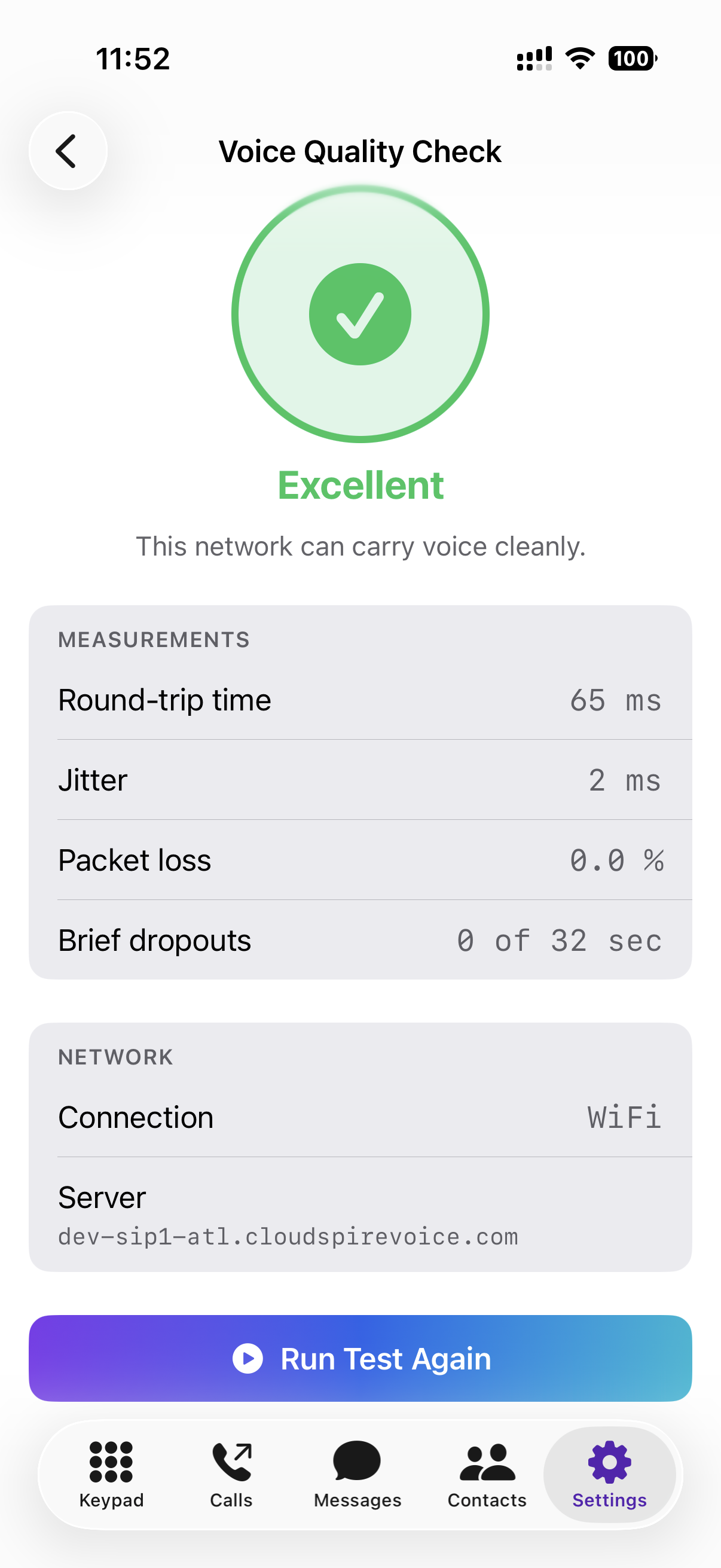 Voice Quality Check result screen with verdict, round-trip time, jitter, packet loss, dropout count, network type, and recommendation