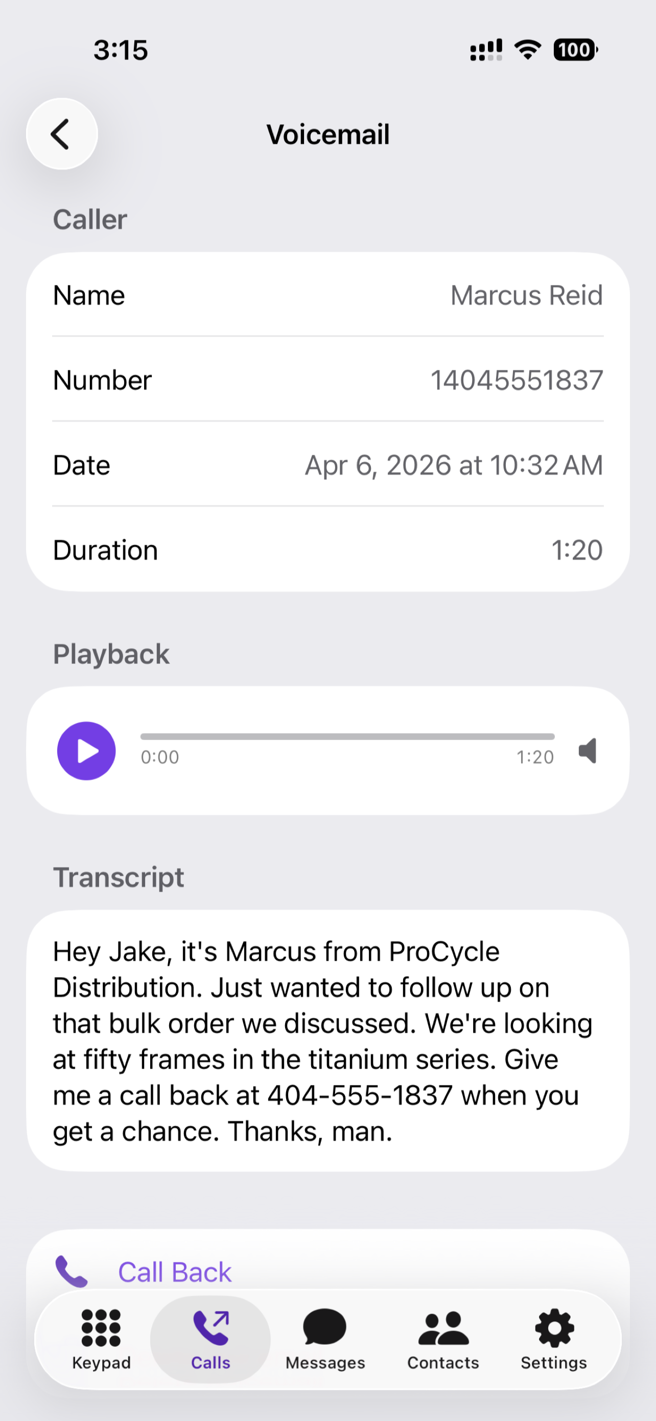 Voicemail message with caller info, playback, and transcript