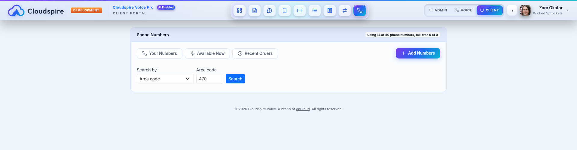 Customer portal Phone Numbers tab - Add Numbers search