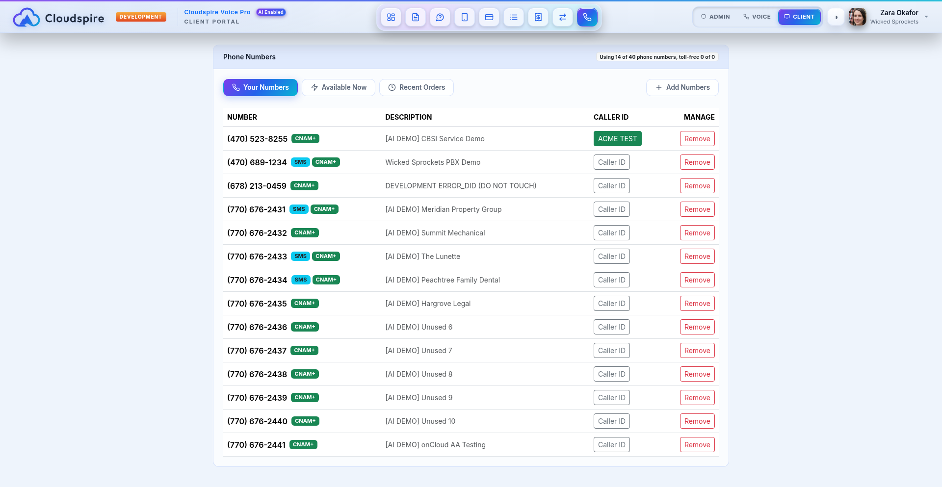 Customer portal Phone Numbers tab - Your Numbers list with feature badges and Caller ID controls