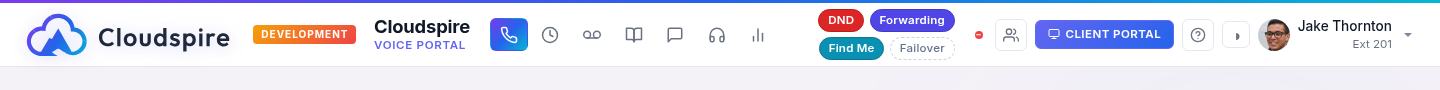 Header routing badges showing DND, Forwarding, Find Me, and Failover
